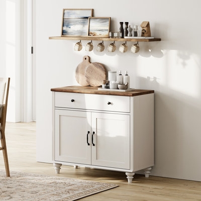 White Sideboard with Wood Top and Geometric Door Overlay