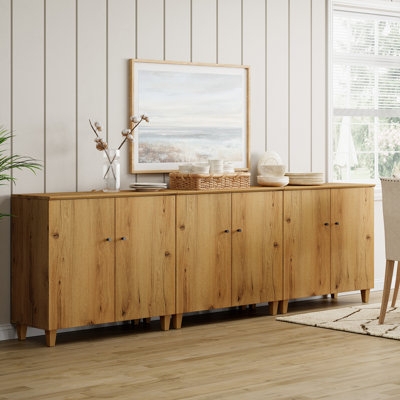 White Six-Door Sideboard with Contemporary Paneled Design and Gold Knobs