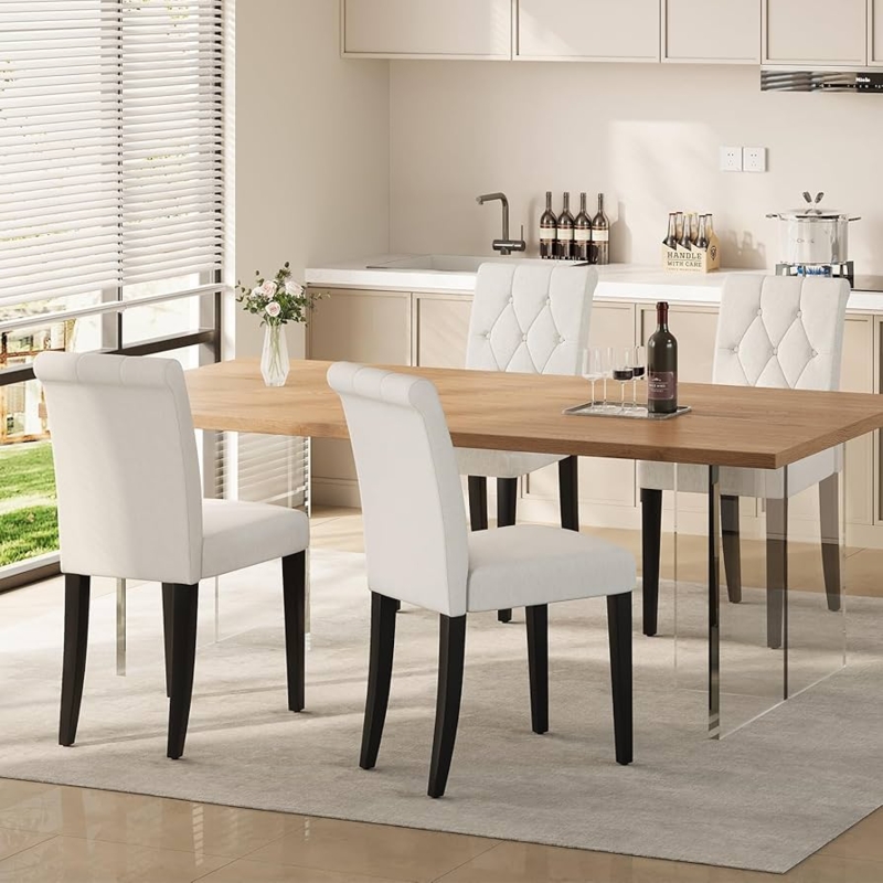 White Upholstered Parsons Dining Chair with Button Tufting