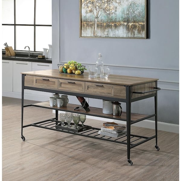 Wide Kitchen Island Industrial Cart with Storable Seating Stools