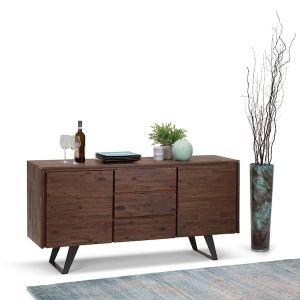 Wide Sideboard Buffet, Distressed Charcoal Brown, Angled Metal Legs