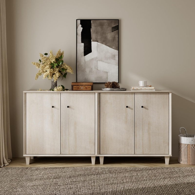 Wide Slatted Wood Credenza with Gold Metal Legs and 4 Doors