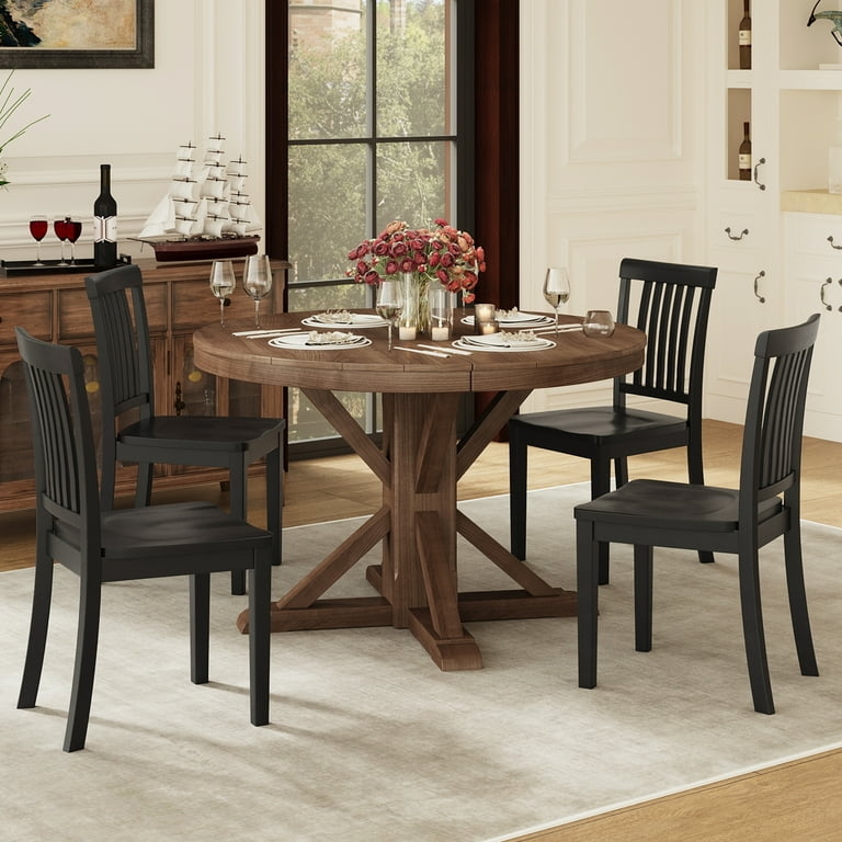 Windsor Dining Chair Set Black and Natural Wood Two-Tone Finish