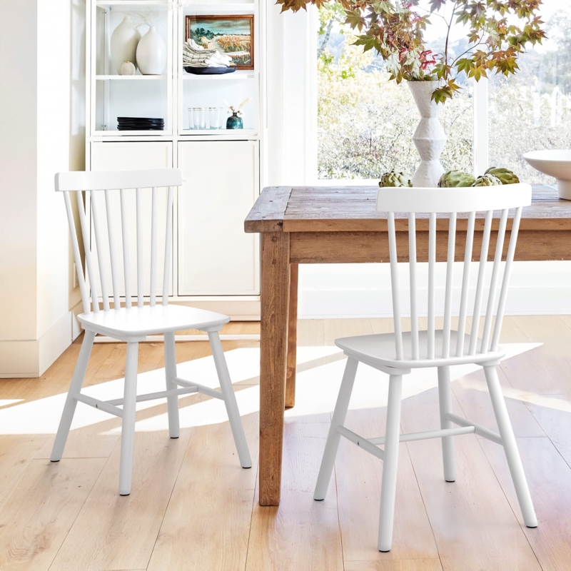 Windsor Dining Chairs Slat Back Continuous Armrests White Finish