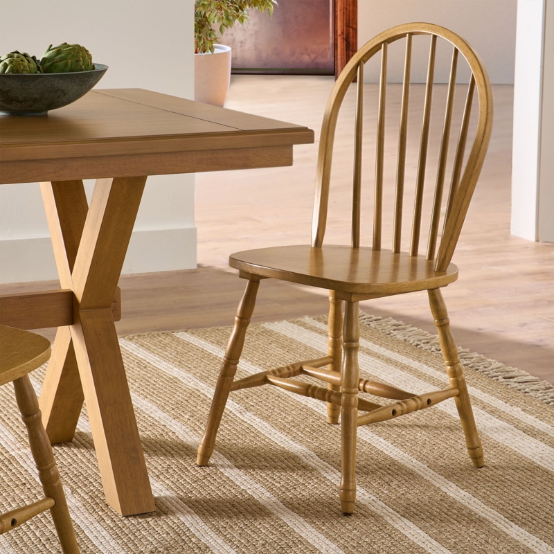 Windsor Style Dining Chair Pair in Honey Wood Finish
