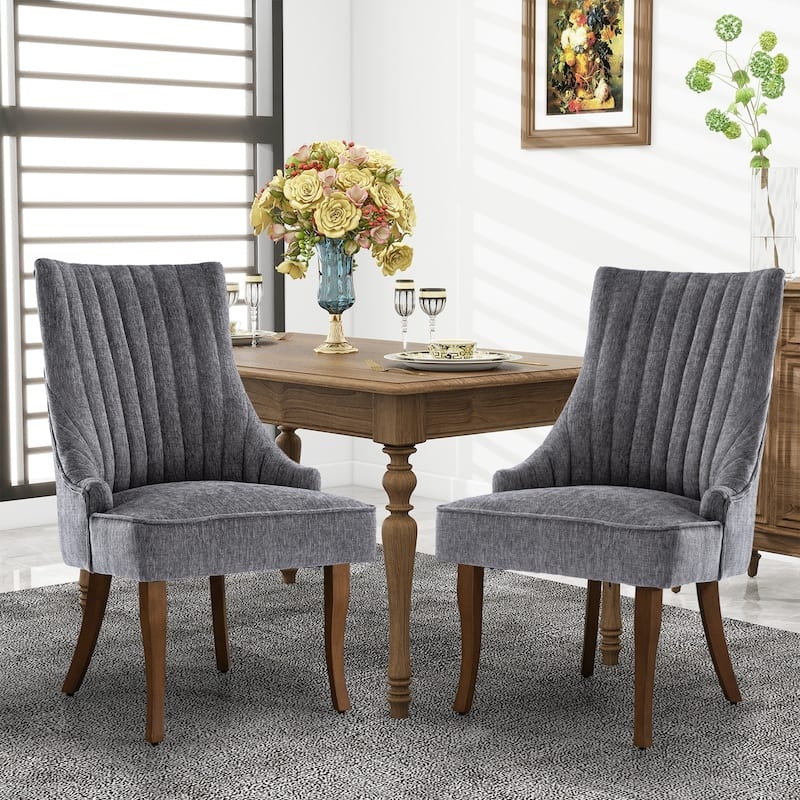 Wingback Dining Chair Gray Channel Tufted Walnut Legs Gold Tips