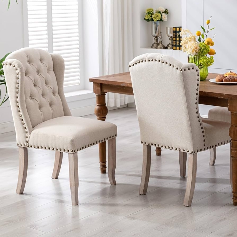 Wingback Dining Chairs Beige Tufted Fabric Tapered Legs Transitional