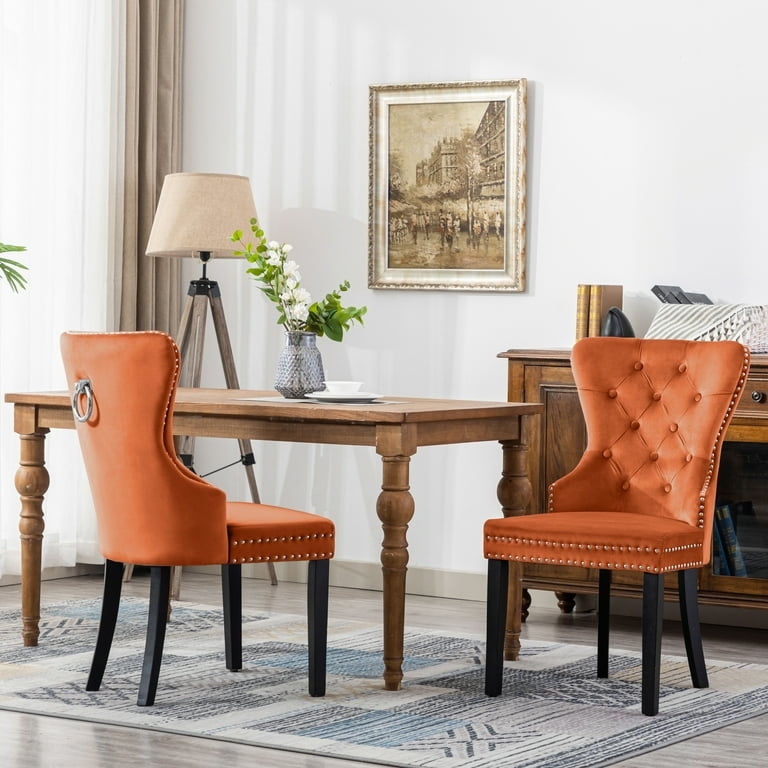 Wingback Dining Chairs Orange Velvet Tufted Silver Pull Ring Dark Legs