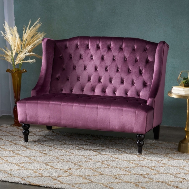 Wingback Loveseat Raisin Purple Velvet with Diamond Tufting