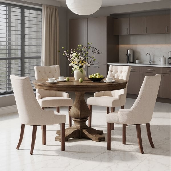 Wingback Side Chairs Beige Tufted Nailhead Trim Dark Tapered Legs