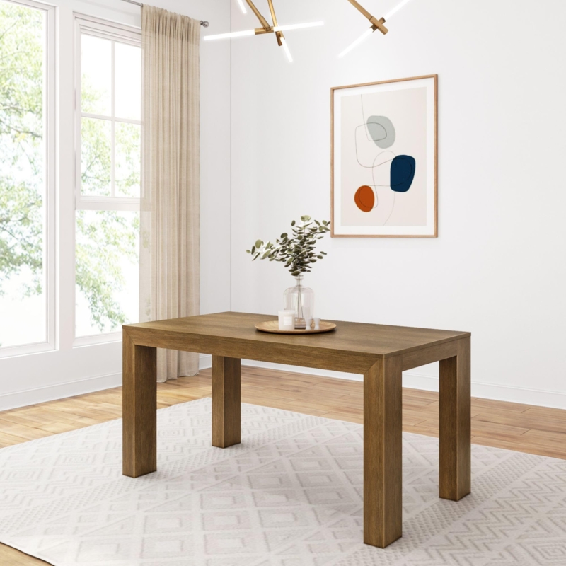 Wire Brushed Wood Dining Table Pecan Finish Square Legs