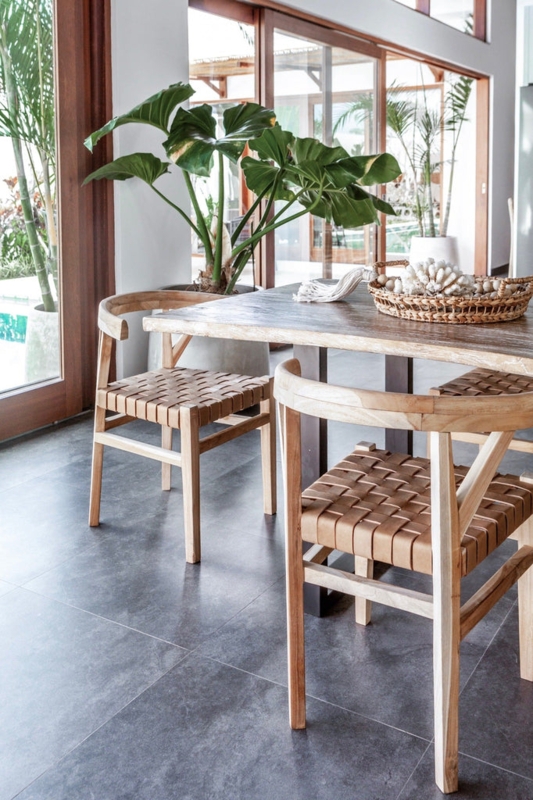 Wishbone Dining Chair in Light Wood with Cognac Woven Leather-Like Seat.