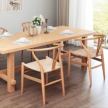 Wishbone Dining Chair in Natural Ash with Hemp Seat, Continuous Armrest.