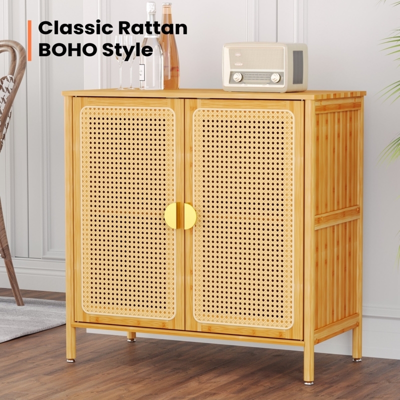 Wood Accent Cabinet with Woven Door Panels and Gold Bar Pulls
