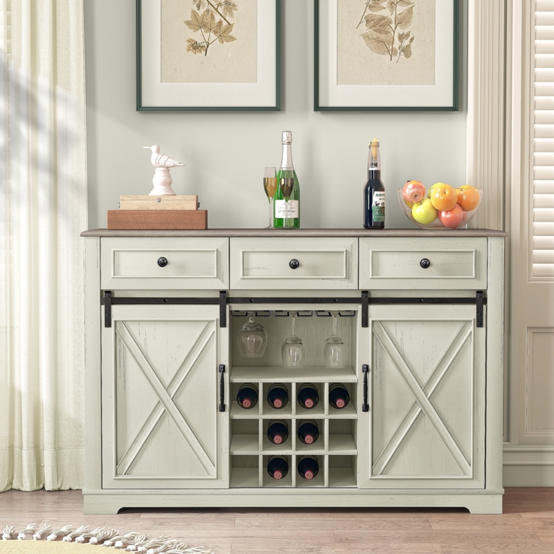 Wood Bar Cabinet with Wine Storage and Barn Door Accents