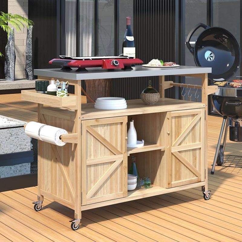 Wood Bar with Stainless Top Kitchen Cart & Slatted Bottom Shelf