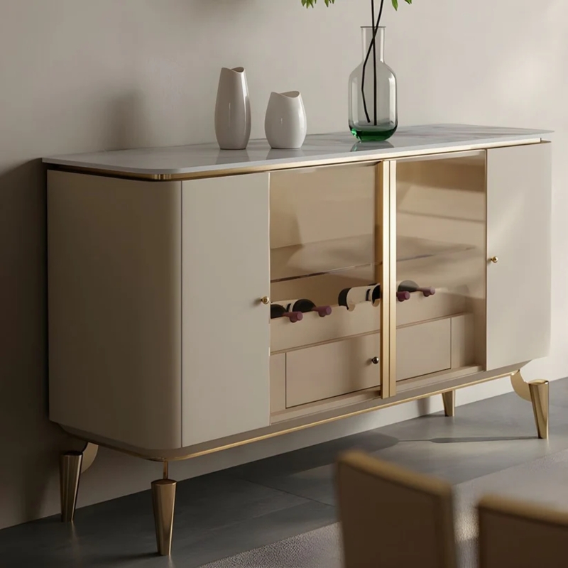 Wood Buffet Cabinet with Gold Fretwork Doors and Veined Stone Top