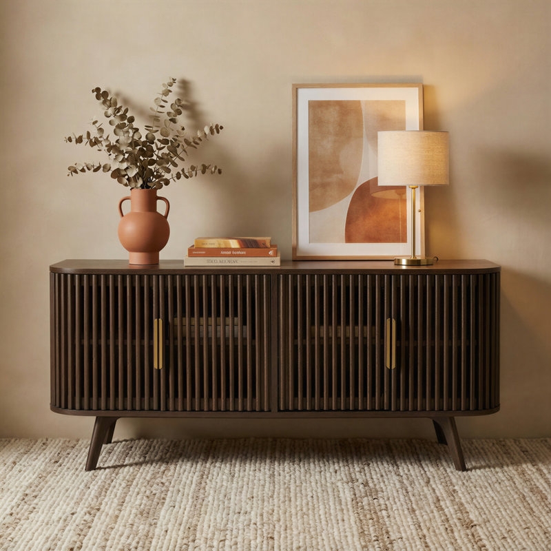 Wood Credenza Buffet with Slatted Sliding Doors and Splayed Legs