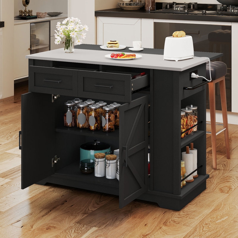 Wood Kitchen Island Cart, Stainless Steel Top, Drop Leaf