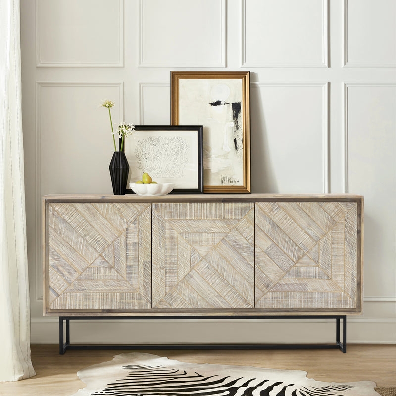 Wood Sideboard Buffet, Geometric Fluted Doors, Gold Base