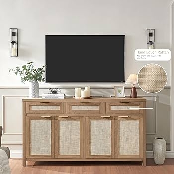 Wood Sideboard with Three Central Drawers and Rattan Inlays