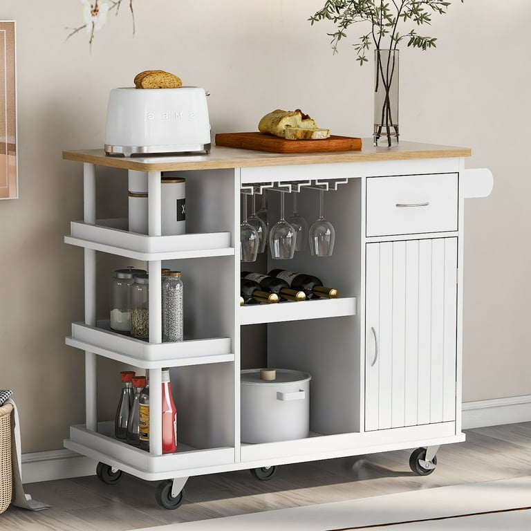 Wood Top Mobile Prep Station with Five Wheels and Spice Rack