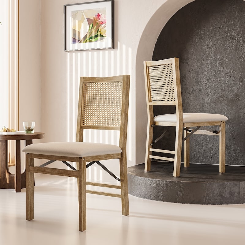 Woven Back Folding Chair with Black Upholstered Seat