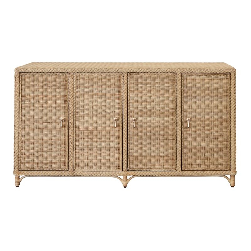 Woven Rattan Sideboard, Oversized Circular Pulls, Coastal Dining Buffet