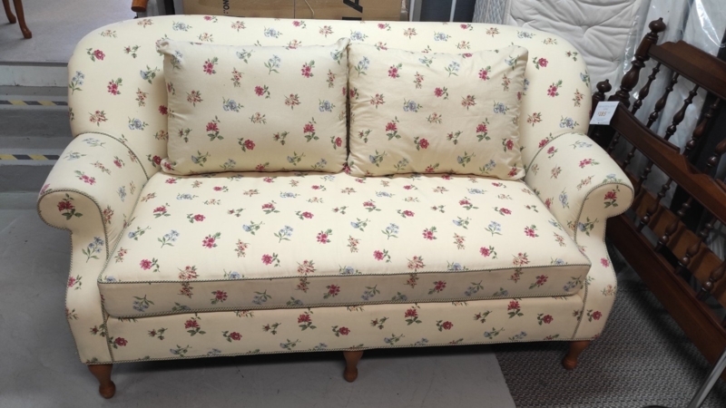 Yellow Botanical Print Small Sofa with Pleated Skirt Base and Roll Arms