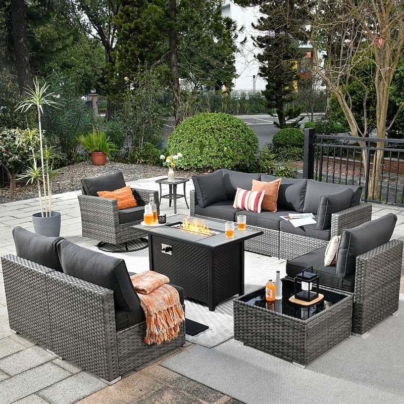 10-Piece Modular Wicker Patio Set with Fire Pit Table