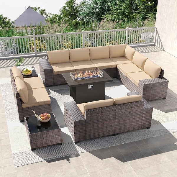 13-Piece Outdoor Lounge with Fire Pit Table and Turquoise Cushions