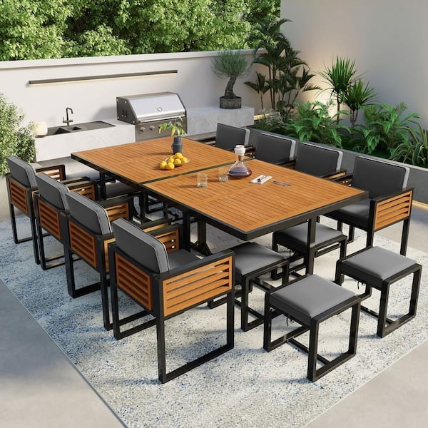 18-Piece Mixed Material Outdoor Dining Set with Nesting Ottomans