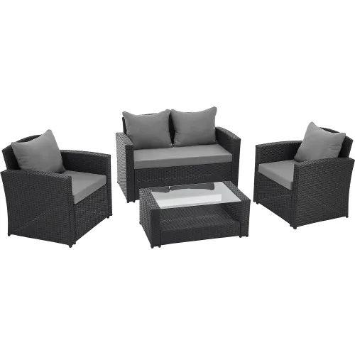 4-Piece Black Rattan Patio Conversation Set, Cream Cushions