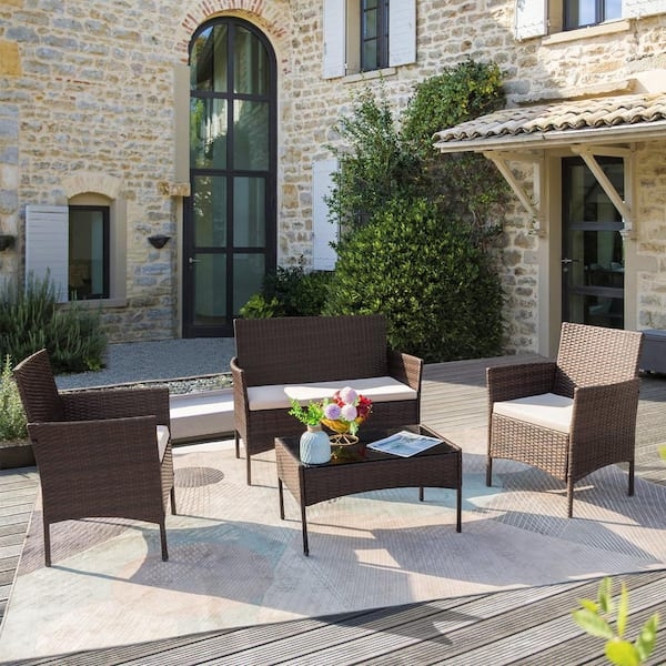4-Piece Patio Conversation Set with Woven Wicker and Glass Top Table