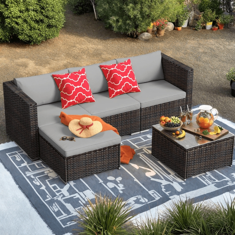 5-Piece Gray Outdoor Lounge Set with L-Shaped Sectional and Glass Table