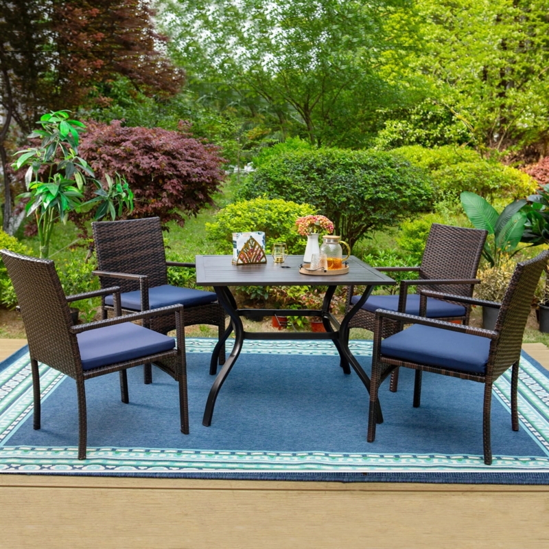 5-Piece Outdoor Dining Set Black Metal Slatted Table Rattan Chairs
