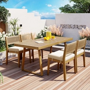 5-Piece Outdoor Dining Set Woven Rope Slatted Wood Table Coastal Modern