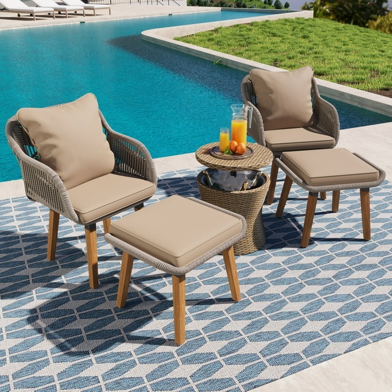5-Piece Wicker Patio Set with Ottomans and Wood Legs