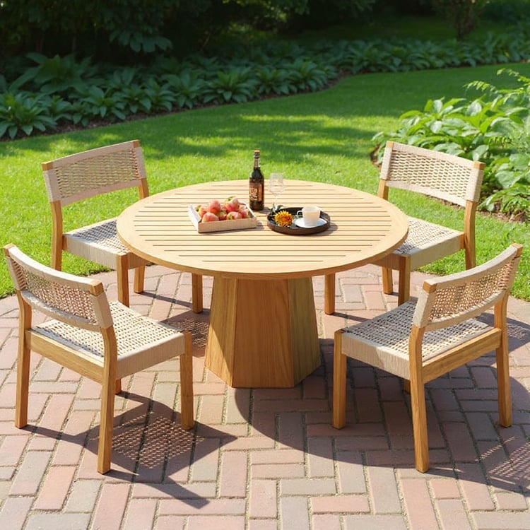 5-pieces Outdoor Natural Teak Round Table & Rope-woven Chair Set