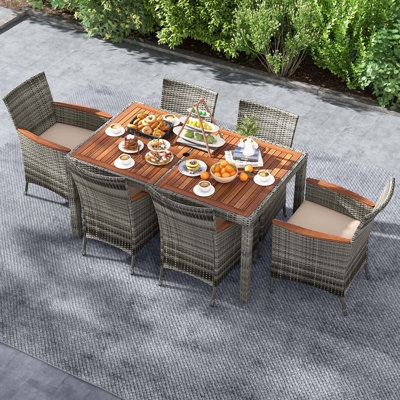 6 Person Wood Dining Set Woven Backrest Coastal Layout