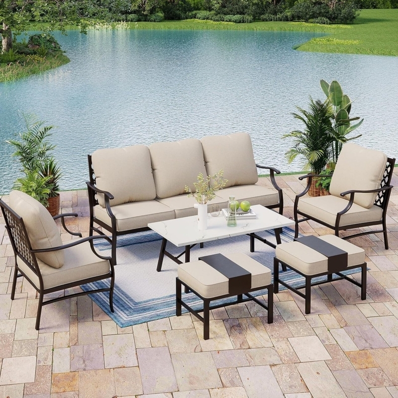 6 Piece Wicker Patio Set Dark Woven Frames with Beige Cushions