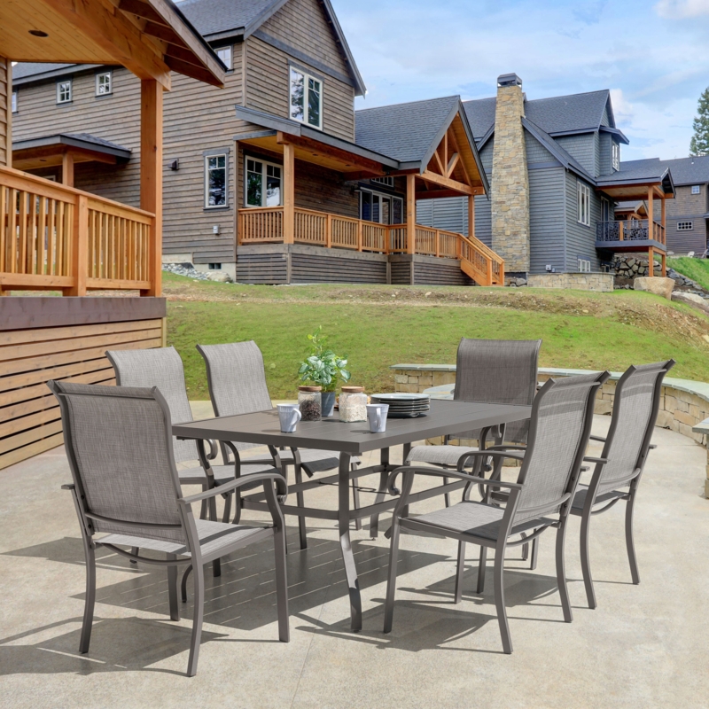 7-Piece Outdoor Dining Set, Charcoal Metal Mesh Chairs, Rectangular Table.
