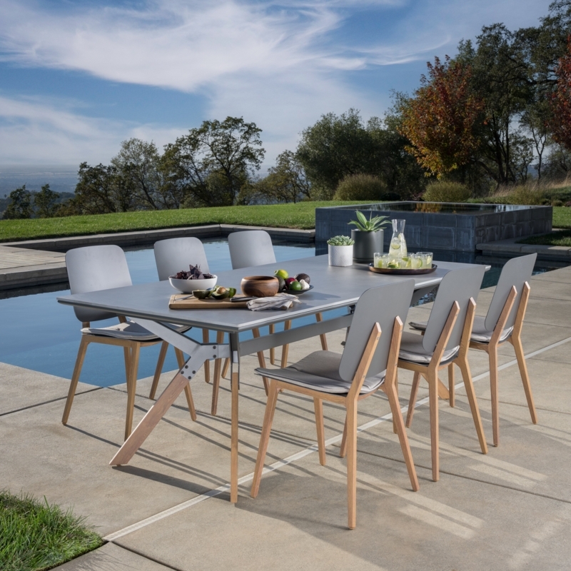 7 Piece Outdoor Dining Set Full Cushion Upholstery Gray Slat Top
