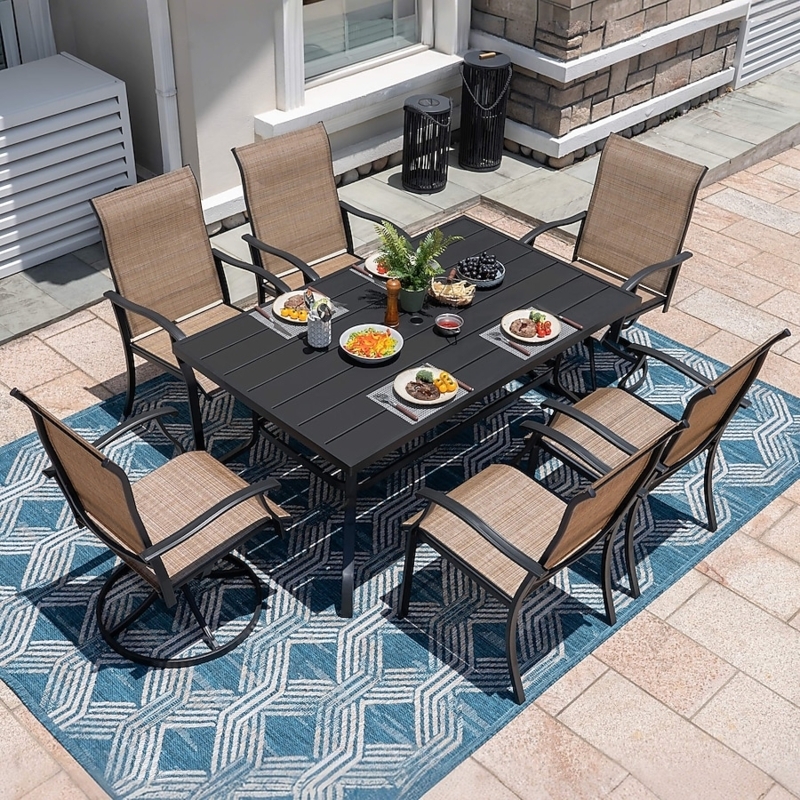 7 Piece Patio Dining Set with Swivel Motion Chairs Metal Slat Table