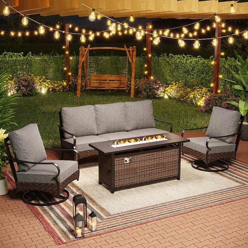 7-Piece Patio Furniture Set Modular Wicker with Integrated Fire Pit