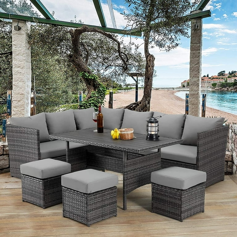 7-Piece Patio Seating Group, Gray Wicker Modular Sectional and Table