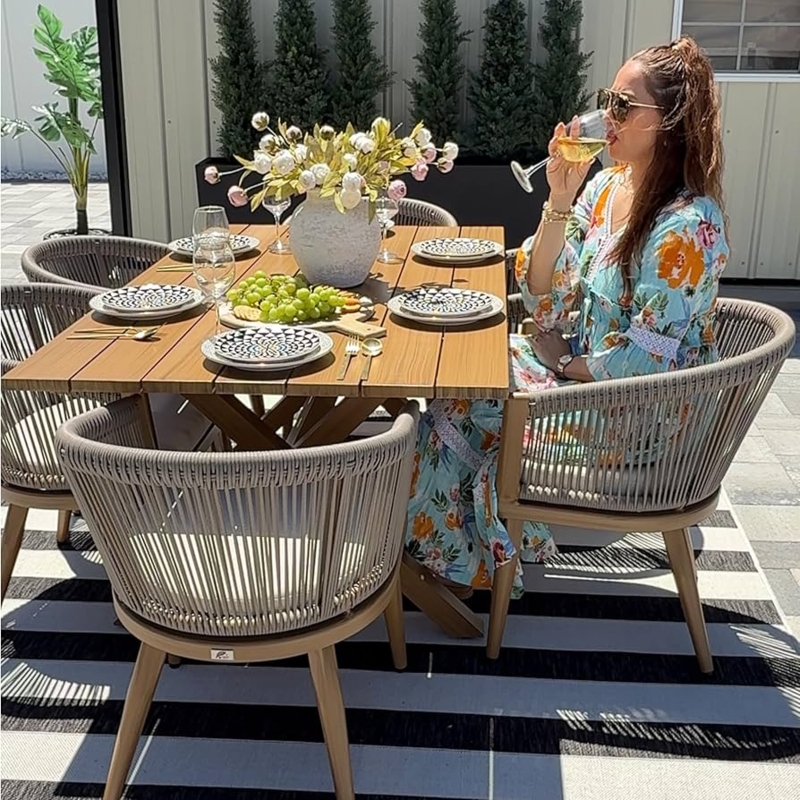 7 Piece Woodgrain Dining Set with Rope Weave Chairs & Teak Finish Table