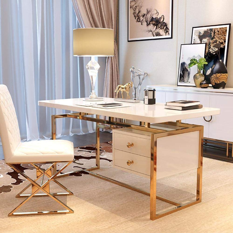 71-Inch Writing Desk with Glossy White Finish and Gold X-Frame