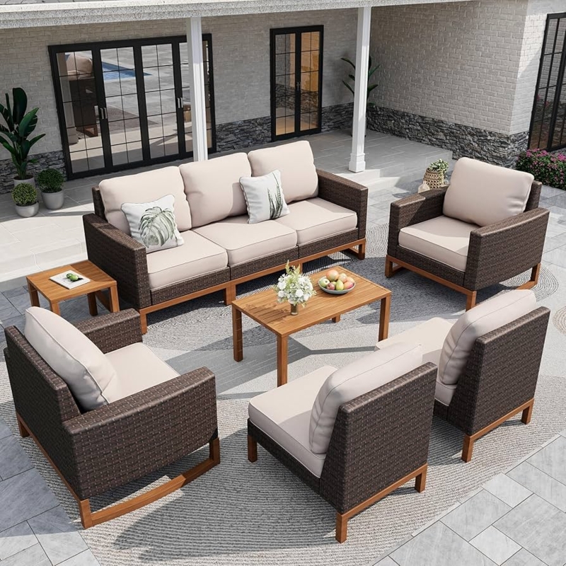 8-Piece Patio Furniture Set Rattan with Beige Cushions