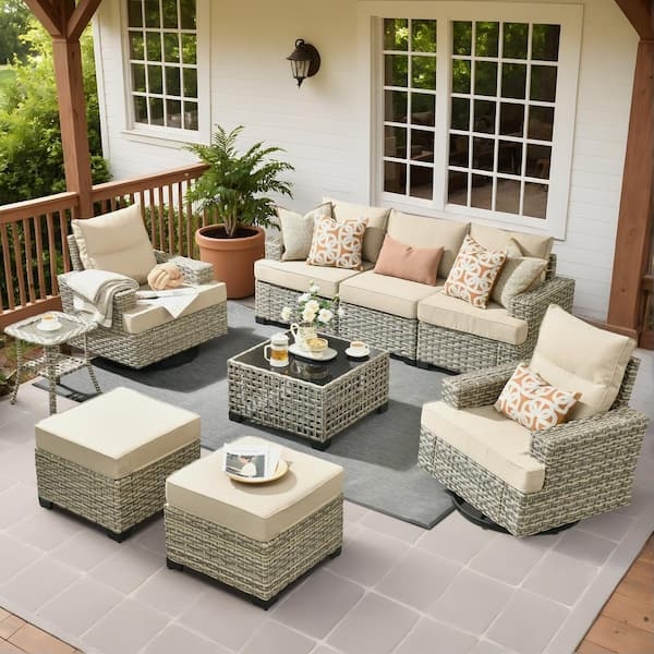 9-Piece Patio Conversation Set: Curved Wicker Outdoor Sectional & Swivels